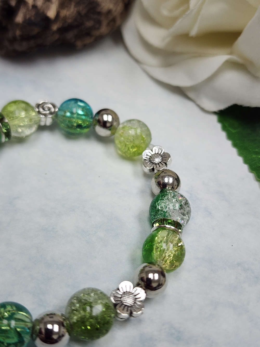Stretch Bracelet Green and Blue Crackled Glass Beads With Floral Spacers - Picture 5 of 6